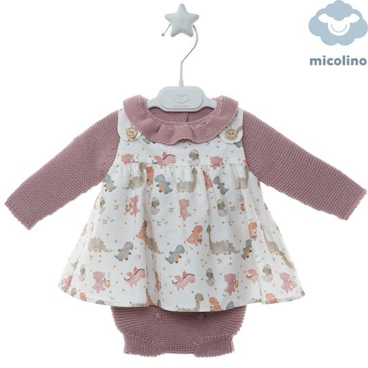 Completo neonata Micolino con scamiciato a dinosauri e maglioncino rosa, fronte