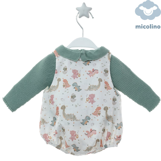 Retro del pagliaccetto Micolino con dinosauri e maglia verde