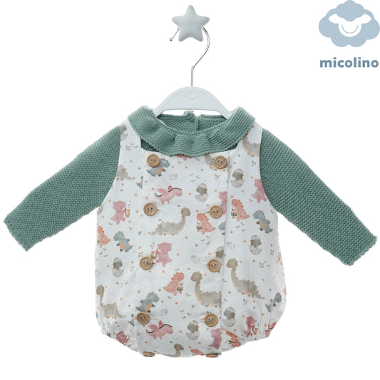 Pagliaccetto neonato Micolino con dinosauri e maglioncino verde, fronte