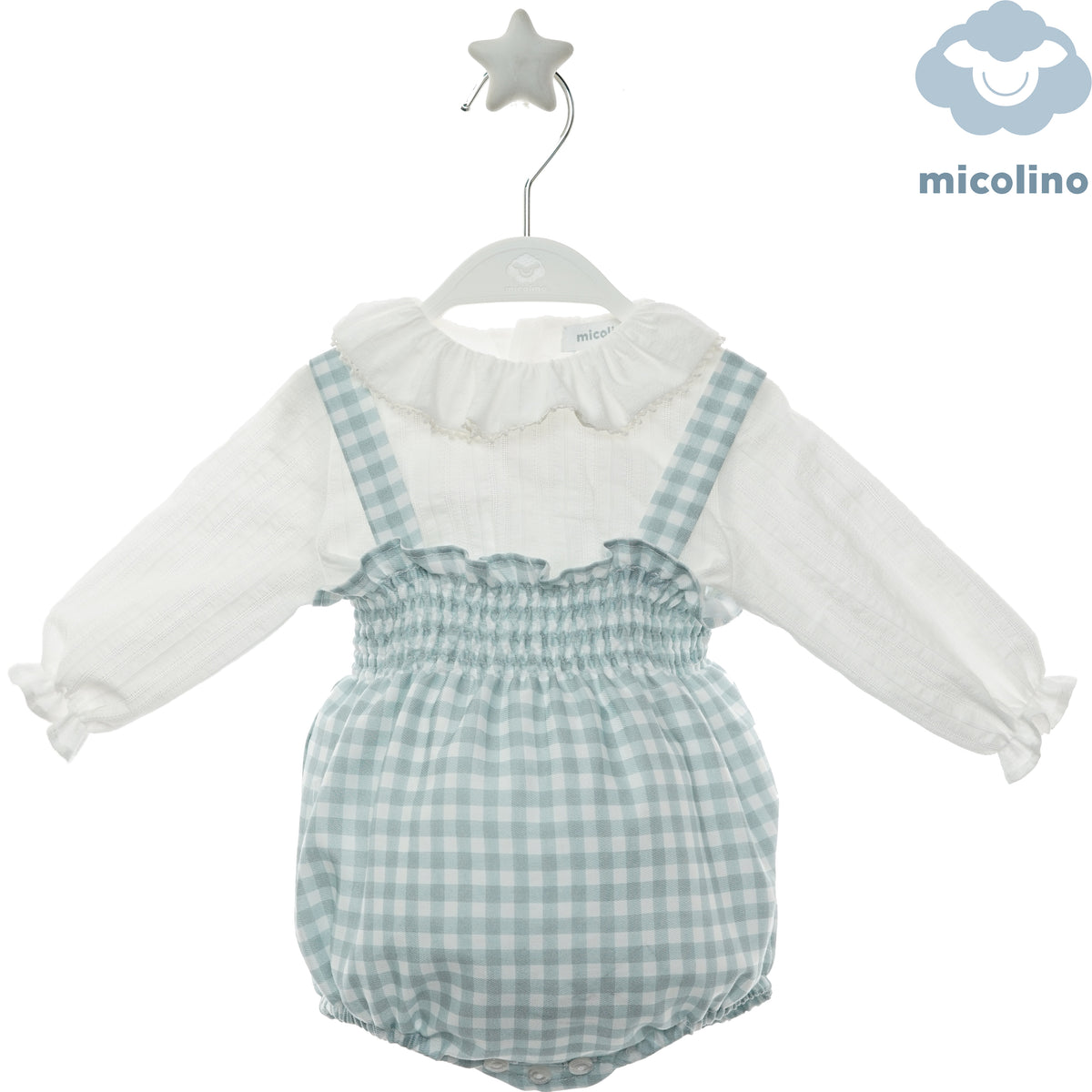 Pagliaccetto neonata Micolino a quadretti verdi con camicia bianca, fronte