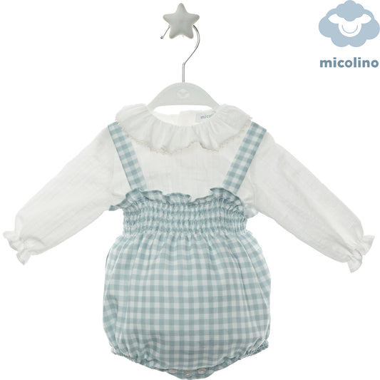 Pagliaccetto neonata Micolino a quadretti verdi con camicia bianca, fronte