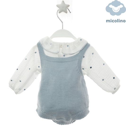 Retro del pagliaccetto Micolino azzurro con camicia a pois