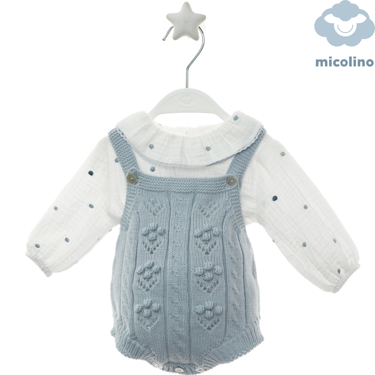 Pagliaccetto neonato Micolino azzurro con trecce e camicia a pois, fronte