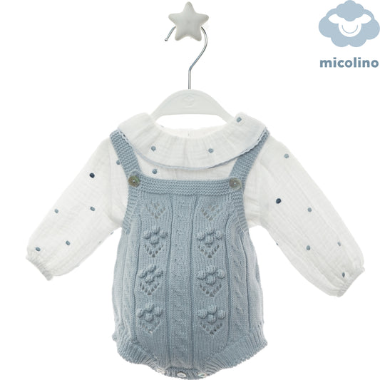 Pagliaccetto neonato Micolino azzurro con trecce e camicia a pois, fronte