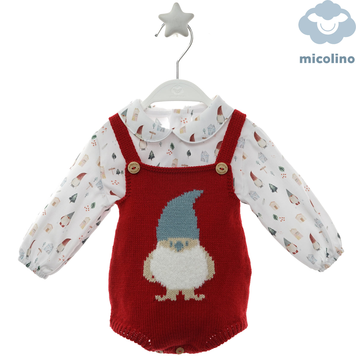Pagliaccetto neonato Micolino rosso con gnomo e camicia stampata, fronte