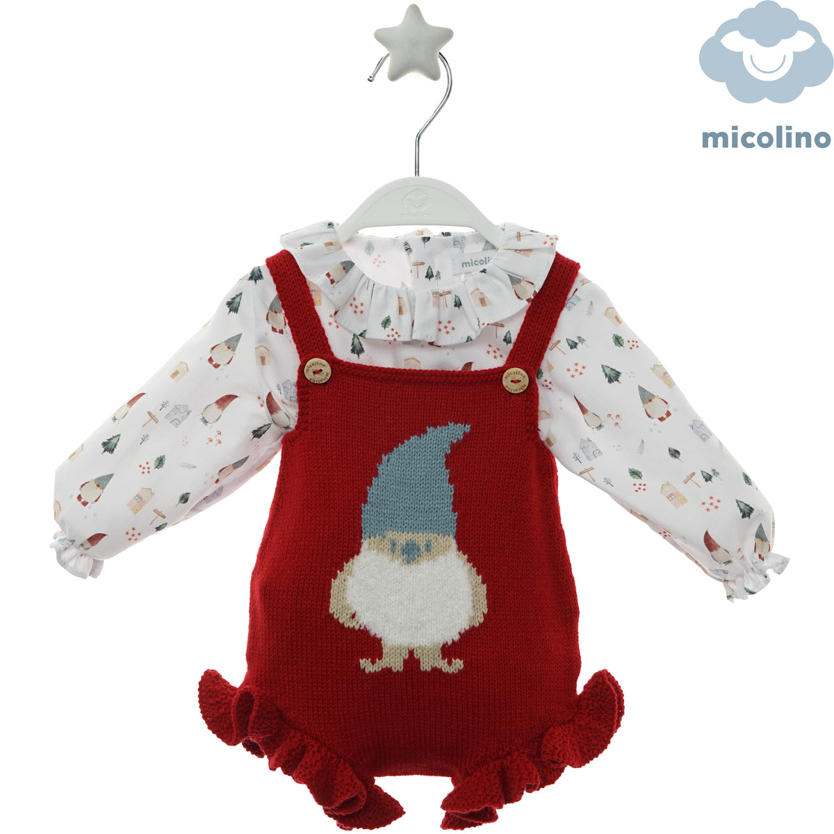 Pagliaccetto neonata Micolino rosso con gnomo e camicia arricciata, fronte