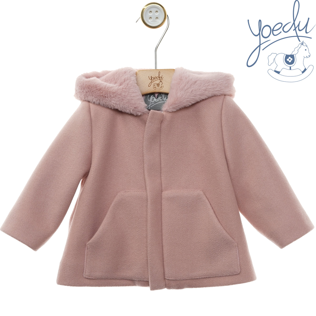 Cappotto bambina Yoedu rosa con cappuccio bordato, fronte