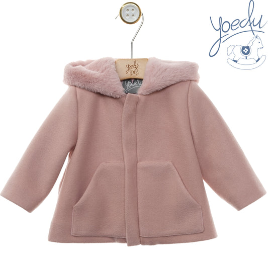 Cappotto bambina Yoedu rosa con cappuccio bordato, fronte