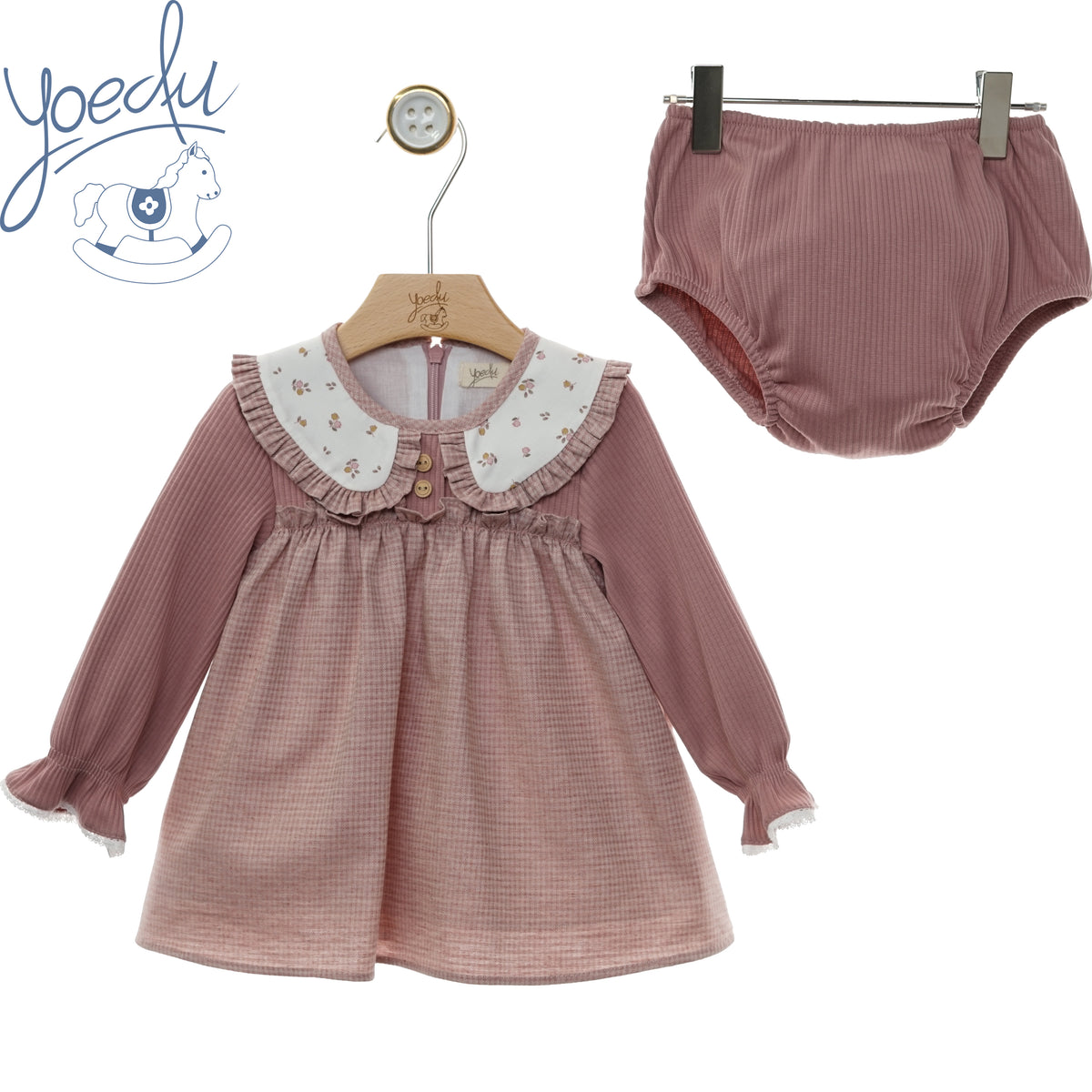 Vestito neonata Yoedu rosa antico con colletto ricamato e culotte