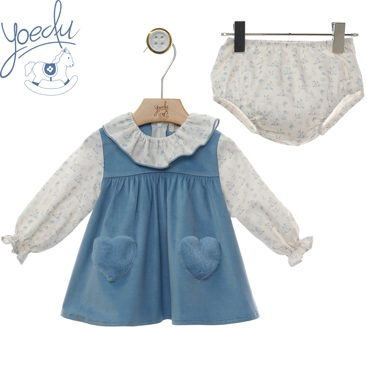 Vestito neonata Yoedu azzurro con tasche a cuore, blusa a fiori e culotte, fronte