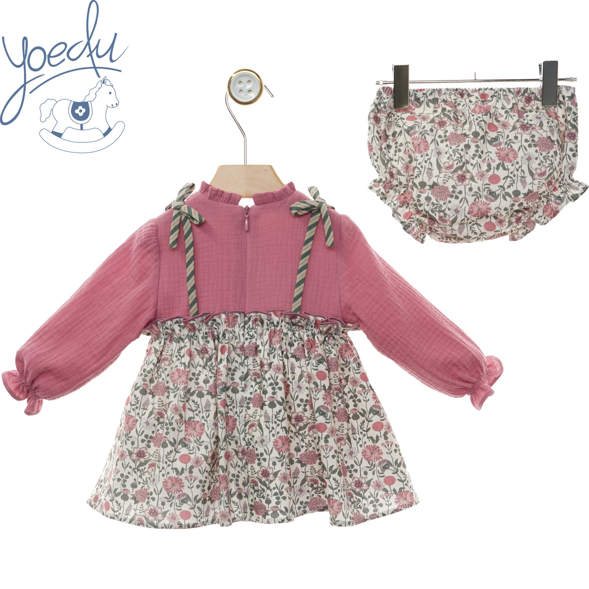 Vestito neonata Yoedu rosa con gonna a fiori e culotte a fiori