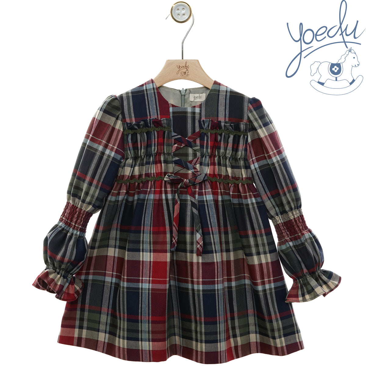 Vestito bambina Yoedu scozzese con maniche a sbuffo, fronte