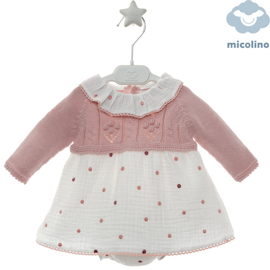 Abito neonata Micolino con corpino rosa in maglia, gonna a pois e coulotte
