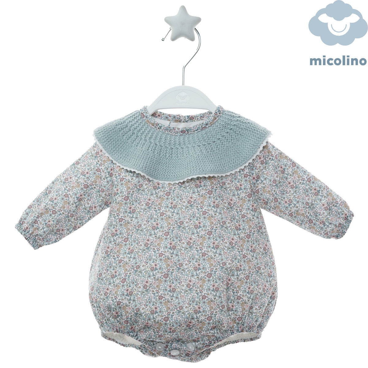 Pagliaccetto neonata Micolino a fiori con colletto in maglia verde, fronte