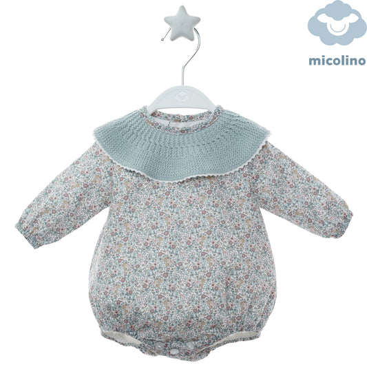 Pagliaccetto neonata Micolino a fiori con colletto in maglia verde, fronte