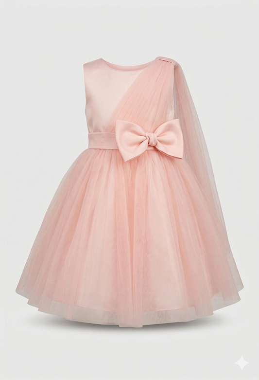 Abito Rosa Cipria con Gonna in Tulle e Maxi Fiocco in Satin
