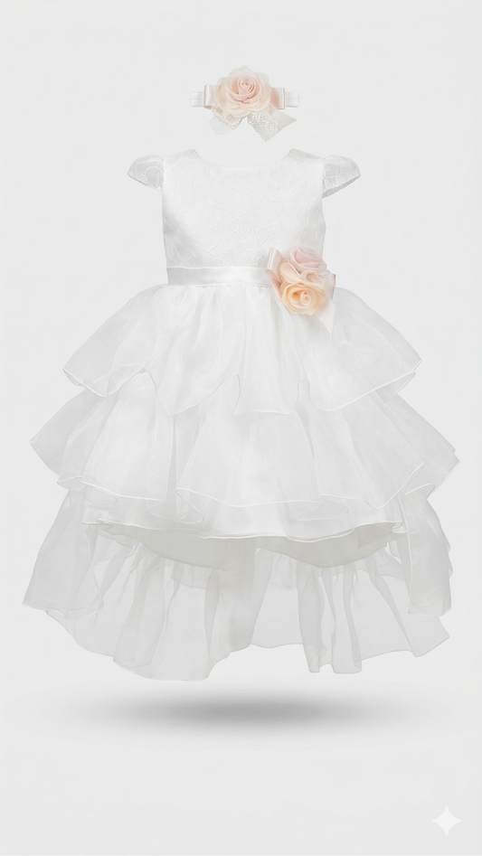 Abito battesimo bianco con cintura e fascia