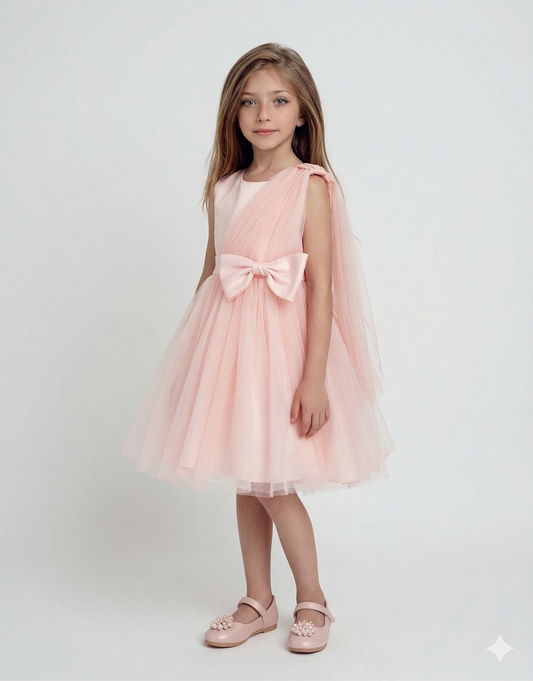 Abito Rosa Cipria con Gonna in Tulle e Maxi Fiocco in Satin
