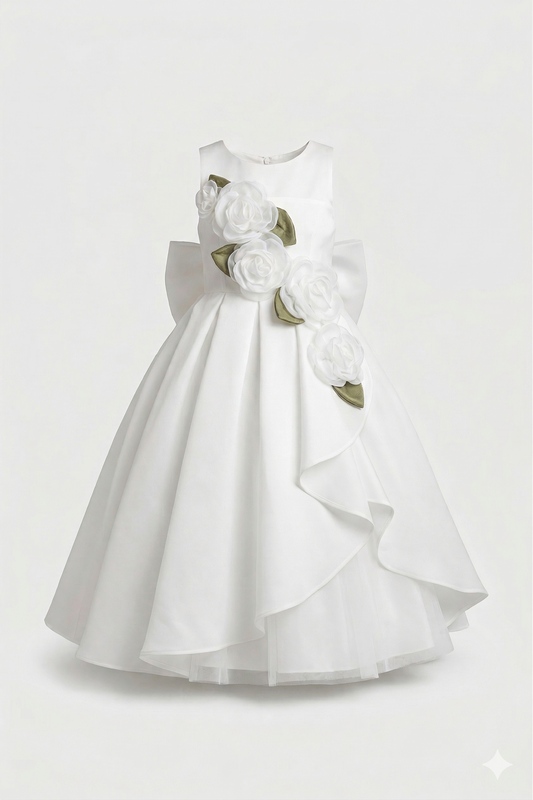 Abito bianco con inserti verdi e fiore abbinato