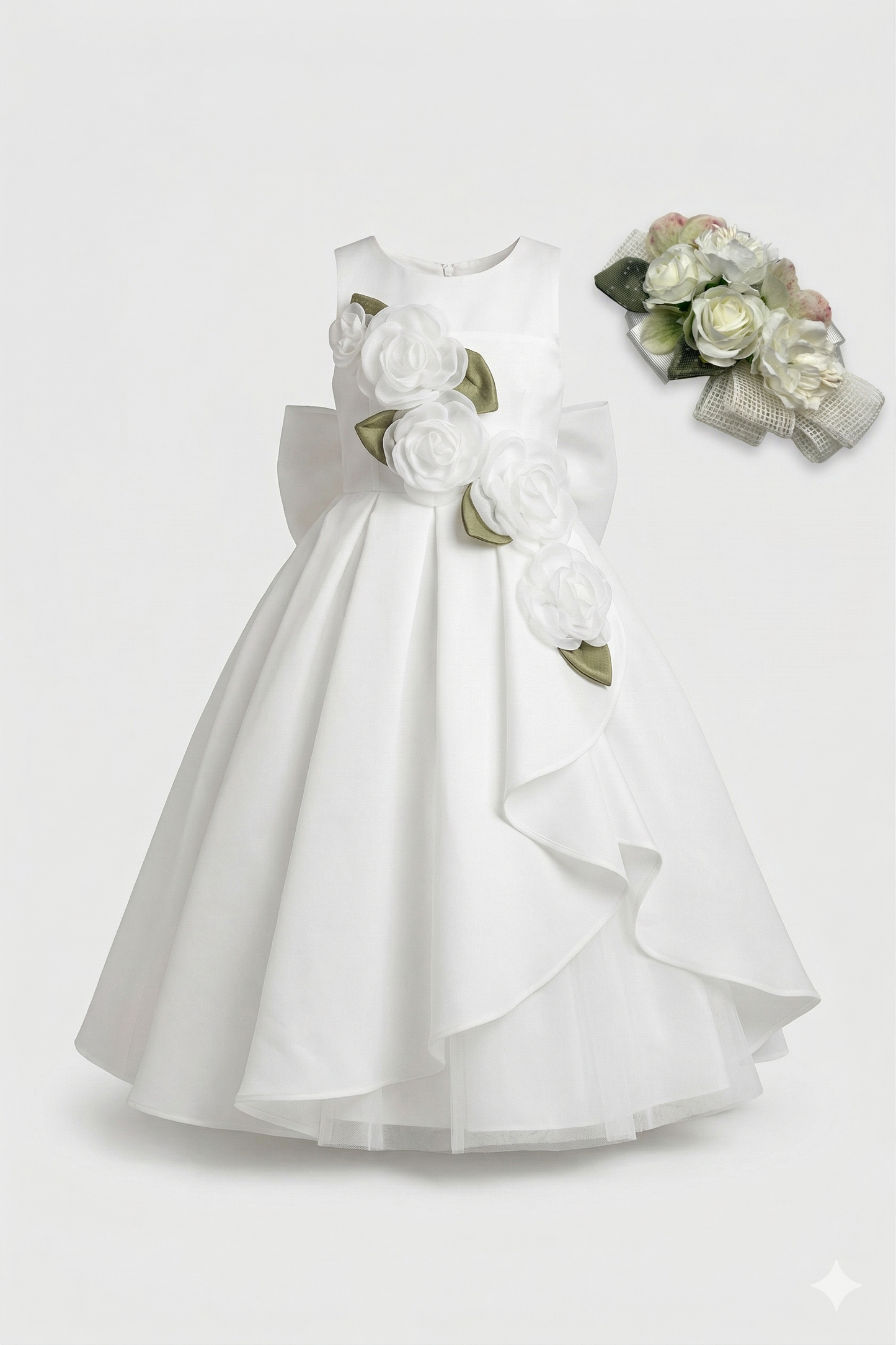 Abito bianco con inserti verdi e fiore abbinato