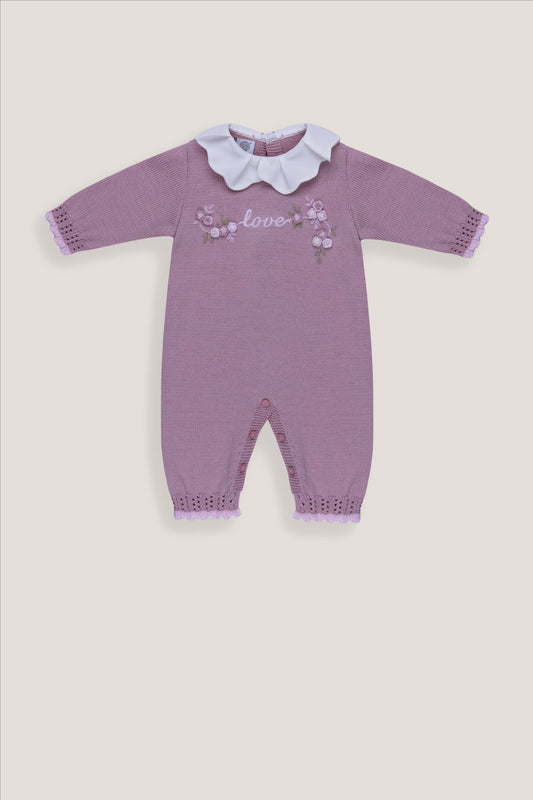 Tutina neonata Marlù in maglia color marsala con colletto bianco arricciato