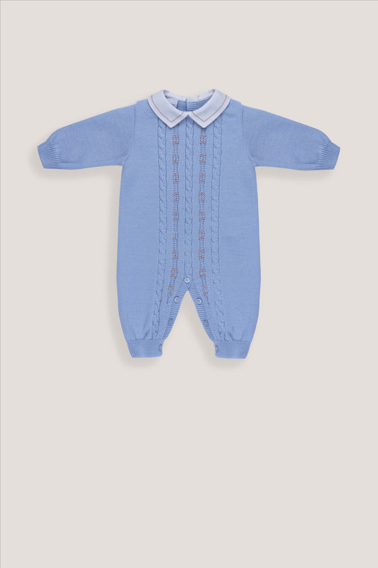 Tutina neonato Marlù in maglia azzurra con colletto bianco