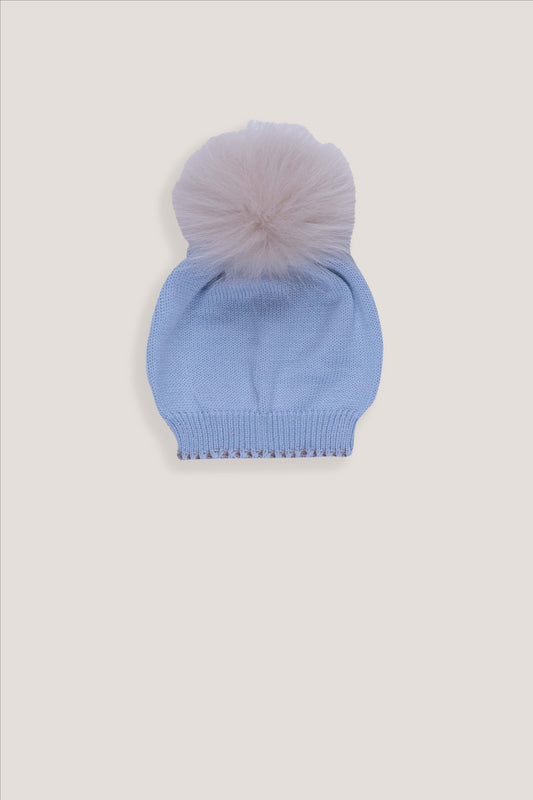 Cappellino neonato Marlù in maglia azzurra con pompon grigio