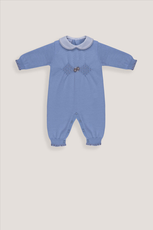 Tutina Marlù in maglia azzurra con colletto e nido d'ape