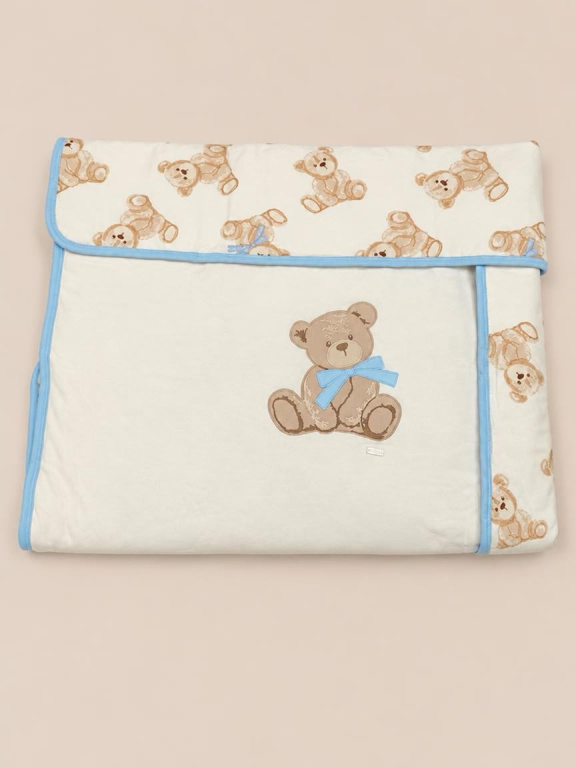 Coperta neonato Le Bebé panna con orsetti e bordo celeste