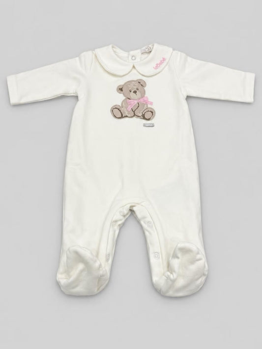 Tutina neonata Le Bebé panna con orsetto e fiocchetto rosa