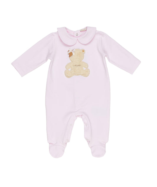 Tutina neonata Le Bebé rosa con colletto e orsetto caramello