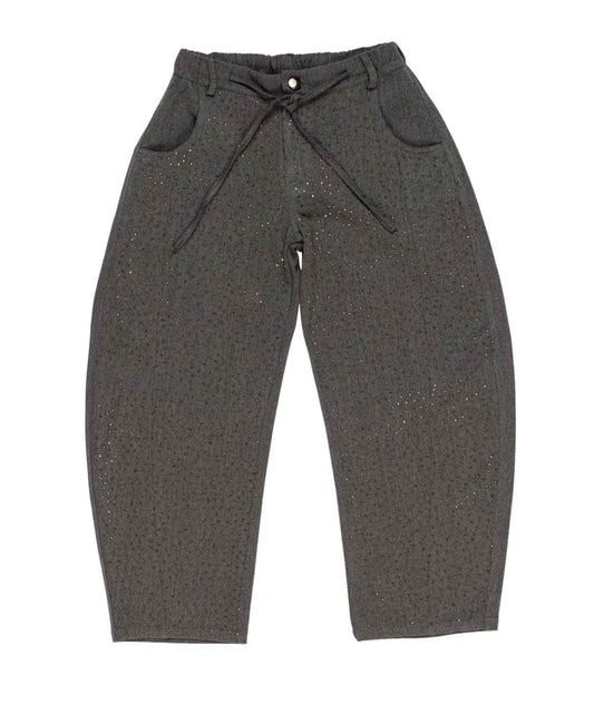Pantalone ragazza Lú Lú by Miss Grant antracite con strass e cintura a fiocco, fronte