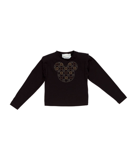 T-shirt ragazza Lú Lú by Miss Grant nera a manica lunga con decoro centrale