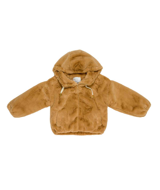 Giubbino ragazza Lú Lú by Miss Grant effetto pelliccia nocciola con cappuccio, fronte