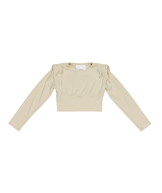 Maglia ragazza Lú Lú by Miss Grant color sabbia con spalle arricciate, fronte
