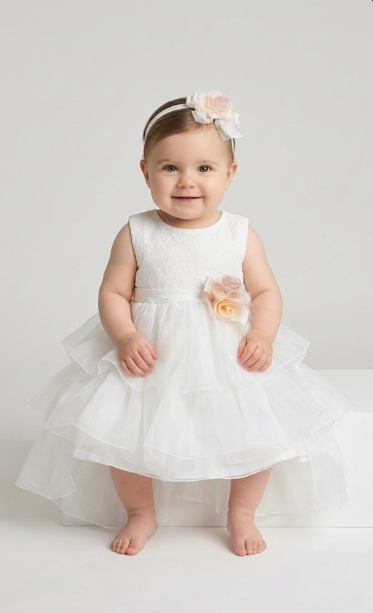 Abito battesimo bianco con cintura e fascia