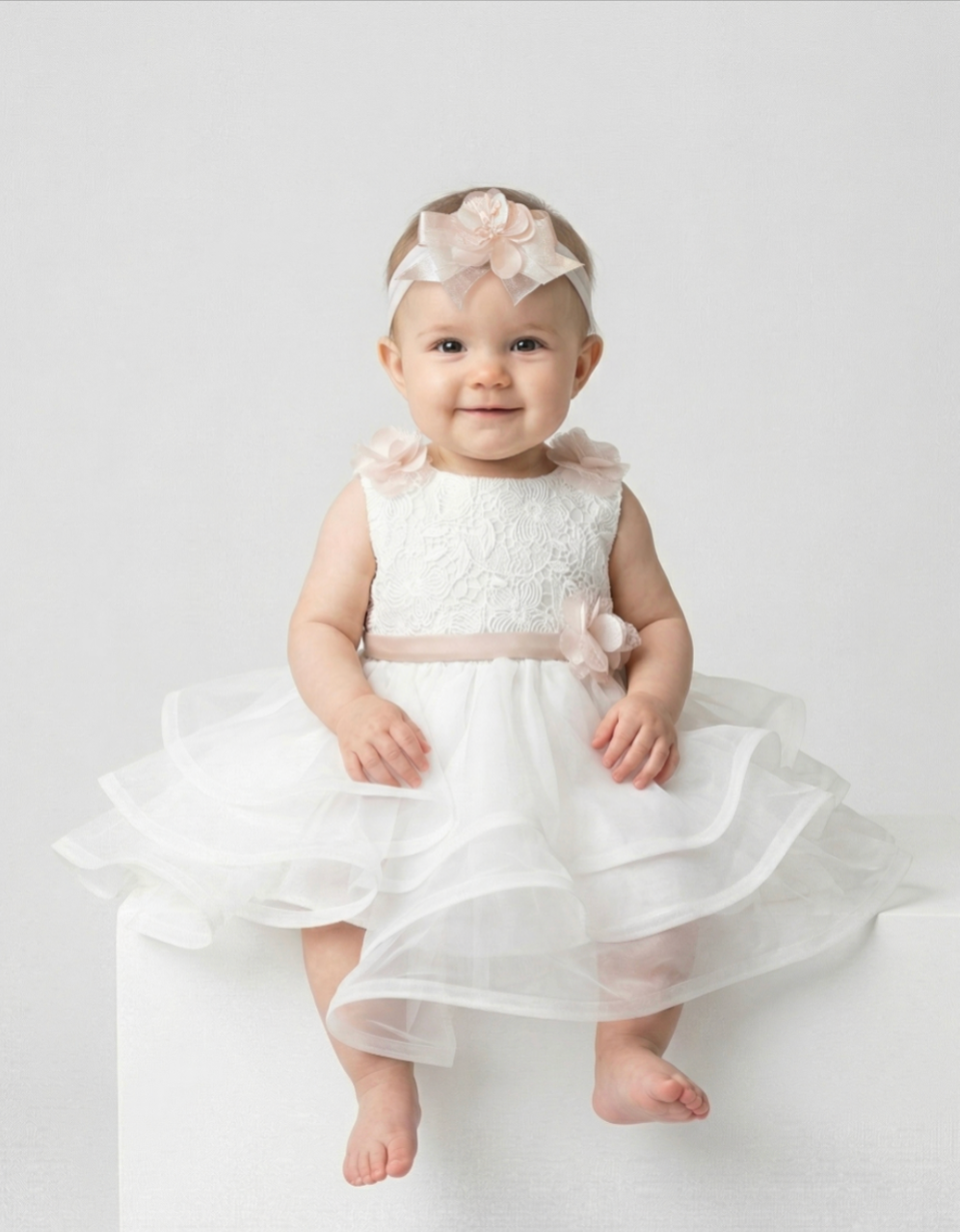 Abito battesimo bianco con cintura e fascia