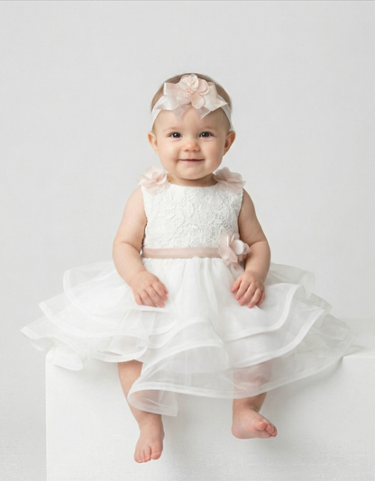 White christening gown with belt and sash
