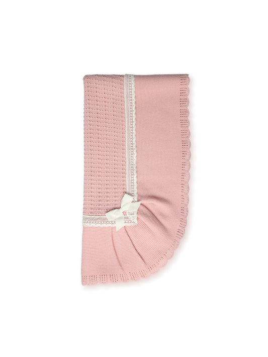 Copertina neonata Mac Ilusion in lana rosa con nastro e fiocco
