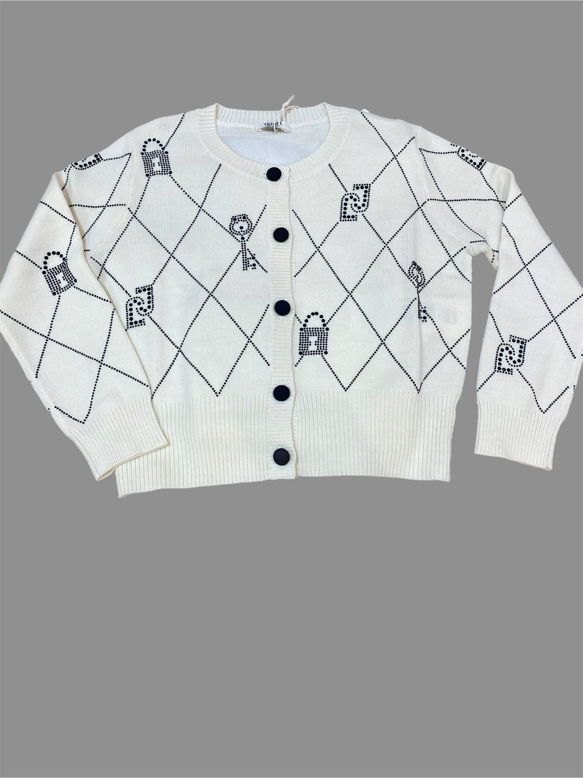 Cardigan ragazza Liu Jo bianco con rombi e lucchetti a intarsio