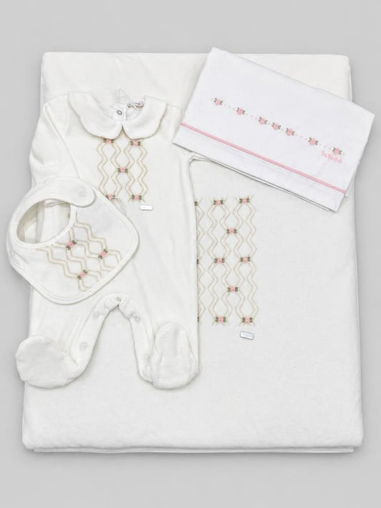 Set nascita neonata Le Bebé con tutina, bavaglino e corredo ricamato
