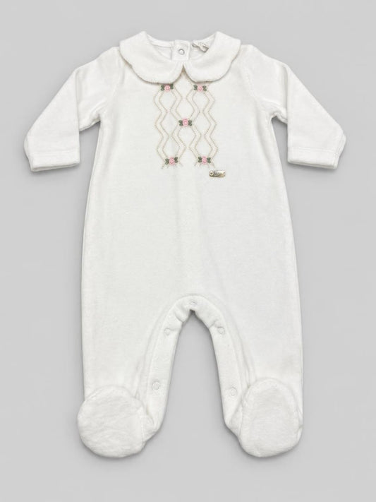 Tutina neonata Le Bebé panna con colletto e ricamo a roselline