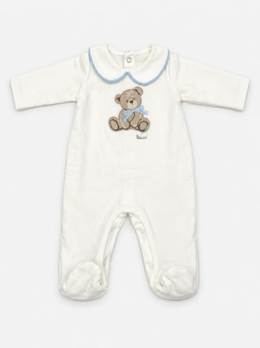 Tutina neonato Le Bebé panna con orsetto e fiocchetto azzurro