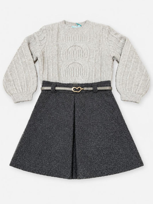 Completo bambina Lú Lú by Miss Grant con maglione grigio a trecce e gonna a pieghe con cintura