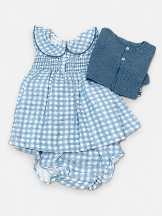 Vestina Mac Ilusion a quadretti con culotte e giacchetto in maglia blu