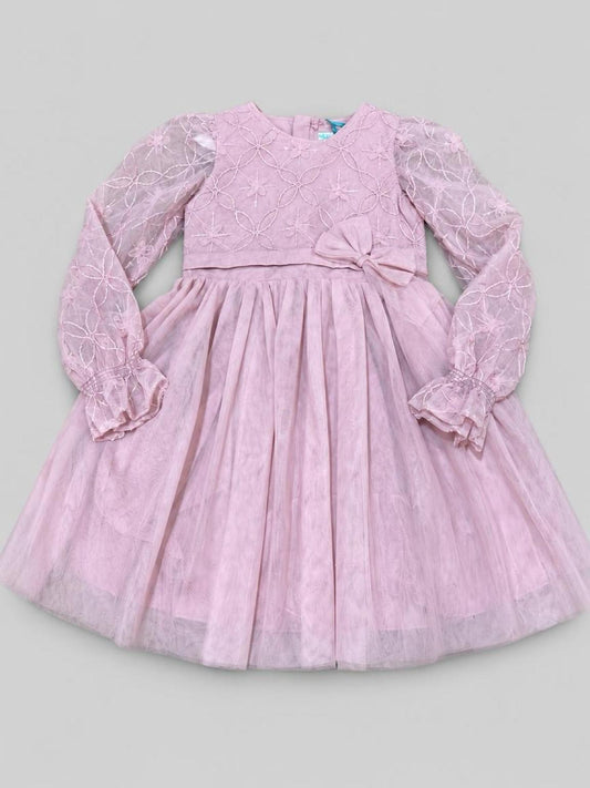 Vestito ricamato bambina Abel & Lula color petalo con gonna in tulle e fiocco in vita